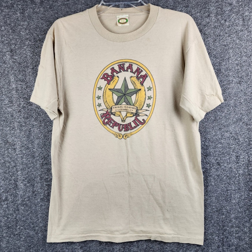 Banana Republic T-Shirt Mens L Travel & Safari Logo Tan Single Stitch 80s USA
